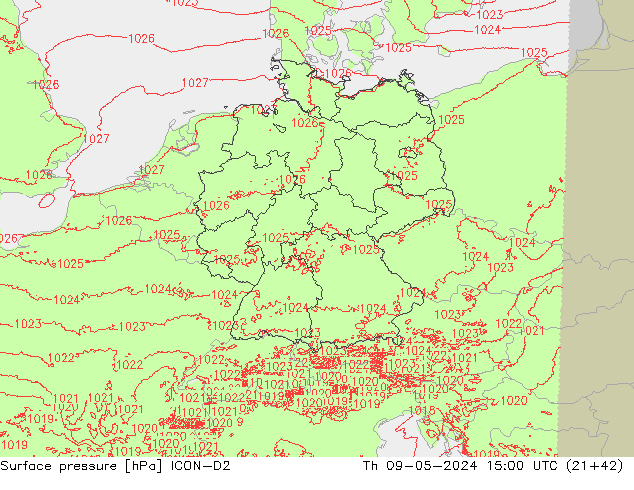 Atmosférický tlak ICON-D2 Čt 09.05.2024 15 UTC