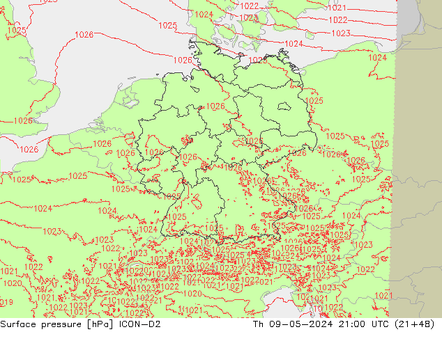 pression de l'air ICON-D2 jeu 09.05.2024 21 UTC