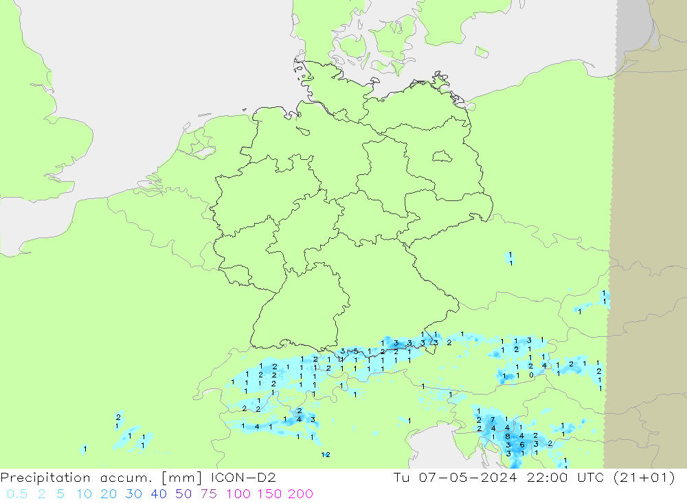 Precipitation accum. ICON-D2  07.05.2024 22 UTC