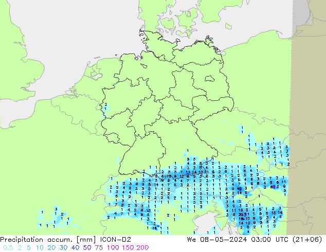 Precipitation accum. ICON-D2 星期三 08.05.2024 03 UTC