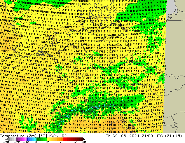 Temperature (2m) ICON-D2 Th 09.05.2024 21 UTC