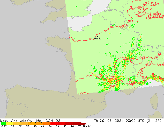 Maks. Rüzgar Hızı ICON-D2 Per 09.05.2024 00 UTC