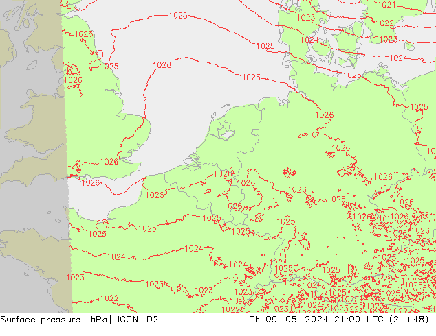 Surface pressure ICON-D2 Th 09.05.2024 21 UTC
