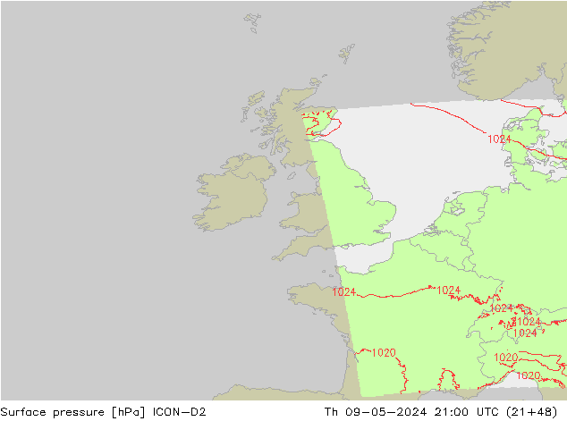 pressão do solo ICON-D2 Qui 09.05.2024 21 UTC