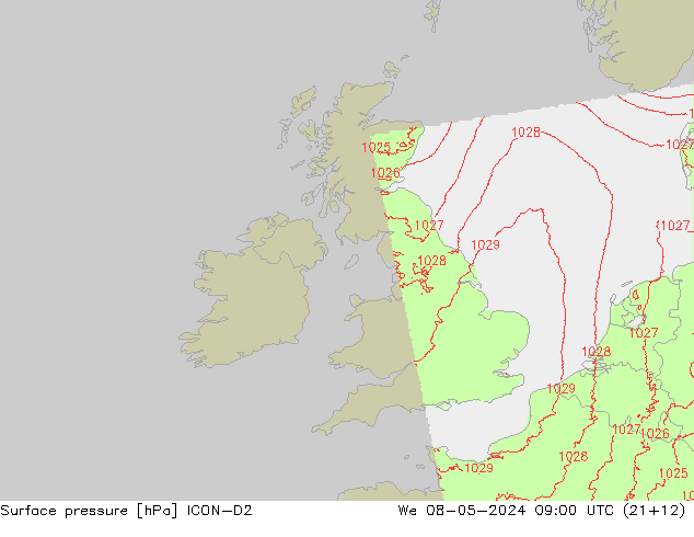 Surface pressure ICON-D2 We 08.05.2024 09 UTC