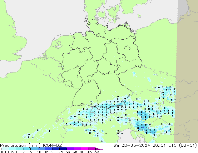 Precipitazione ICON-D2 mer 08.05.2024 01 UTC