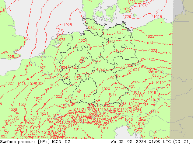 地面气压 ICON-D2 星期三 08.05.2024 01 UTC