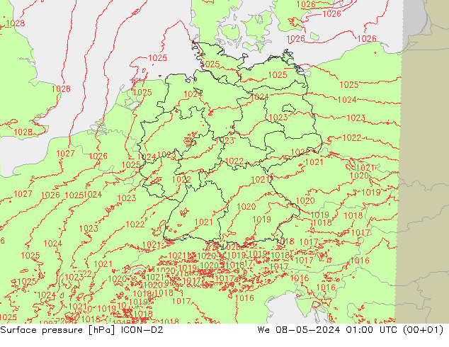 Surface pressure ICON-D2 We 08.05.2024 01 UTC