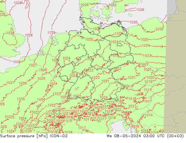 地面气压 ICON-D2 星期三 08.05.2024 03 UTC