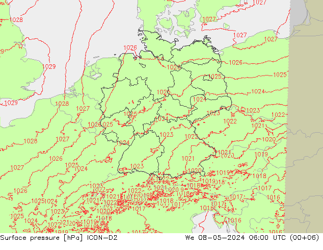 地面气压 ICON-D2 星期三 08.05.2024 06 UTC
