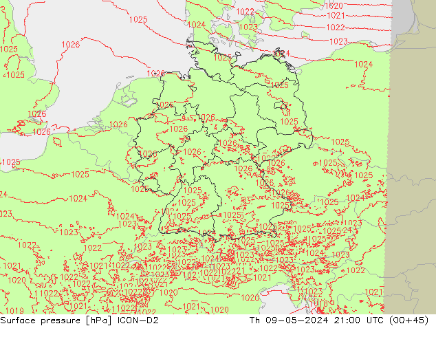 приземное давление ICON-D2 чт 09.05.2024 21 UTC