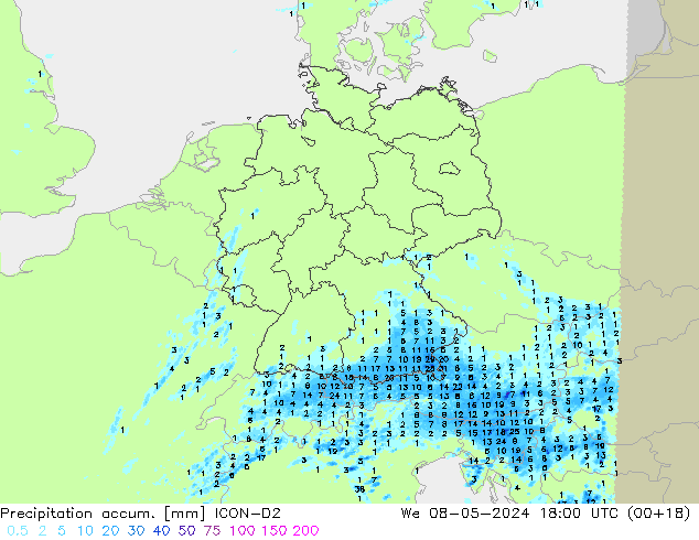 Precipitation accum. ICON-D2 mer 08.05.2024 18 UTC