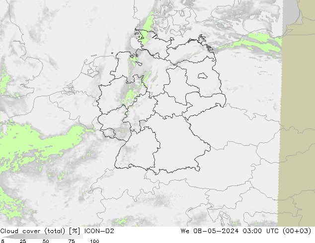 Nubes (total) ICON-D2 mié 08.05.2024 03 UTC