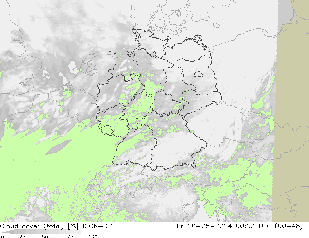 Cloud cover (total) ICON-D2 Pá 10.05.2024 00 UTC