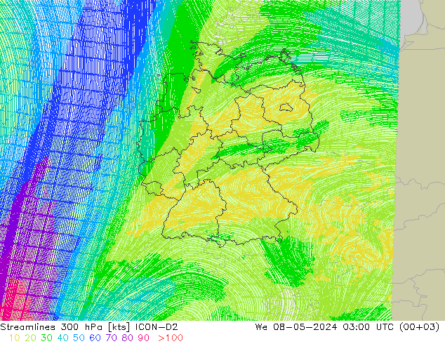 风 300 hPa ICON-D2 星期三 08.05.2024 03 UTC