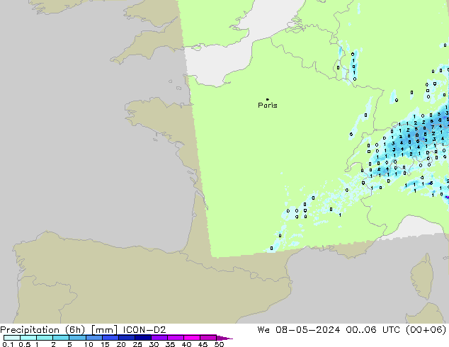 Precipitazione (6h) ICON-D2 mer 08.05.2024 06 UTC
