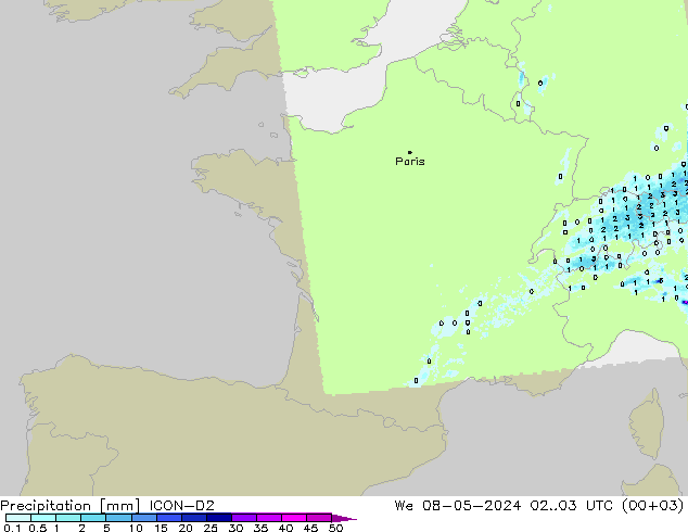 Precipitation ICON-D2 We 08.05.2024 03 UTC