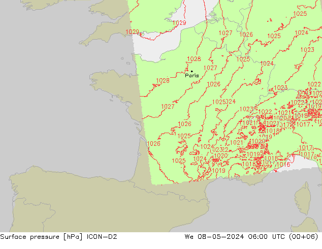 Surface pressure ICON-D2 We 08.05.2024 06 UTC