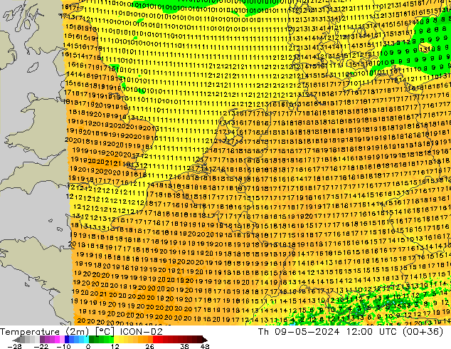 Temperature (2m) ICON-D2 Th 09.05.2024 12 UTC