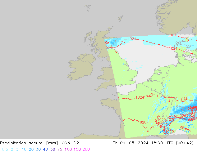 Precipitation accum. ICON-D2 Th 09.05.2024 18 UTC