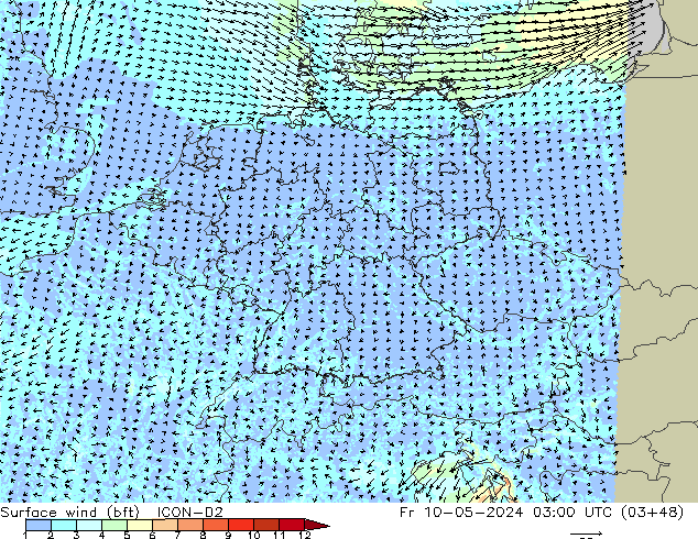 Surface wind (bft) ICON-D2 Pá 10.05.2024 03 UTC