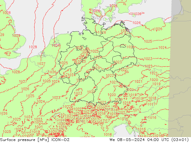 地面气压 ICON-D2 星期三 08.05.2024 04 UTC