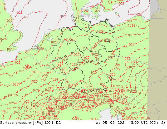 Atmosférický tlak ICON-D2 St 08.05.2024 15 UTC
