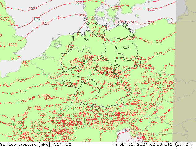 Pressione al suolo ICON-D2 gio 09.05.2024 03 UTC