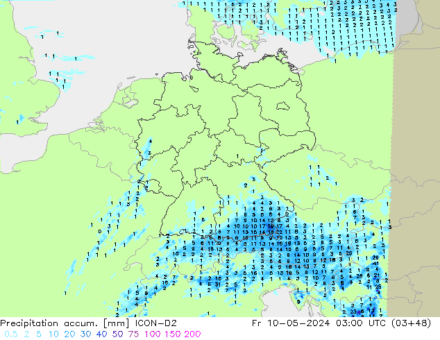Precipitation accum. ICON-D2 Fr 10.05.2024 03 UTC