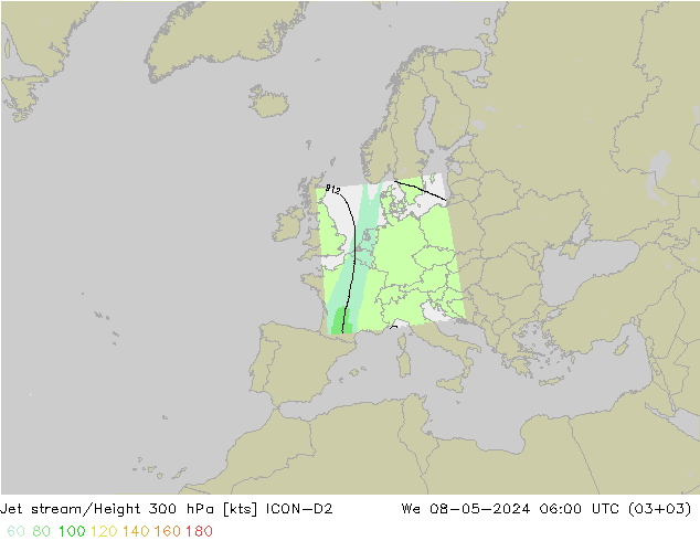 Corriente en chorro ICON-D2 mié 08.05.2024 06 UTC