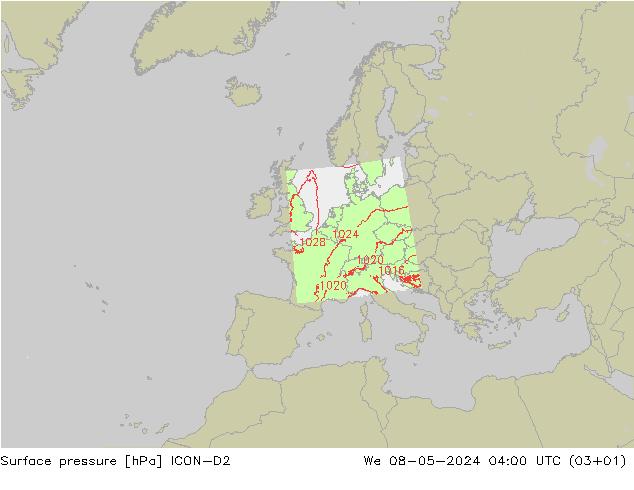 Atmosférický tlak ICON-D2 St 08.05.2024 04 UTC