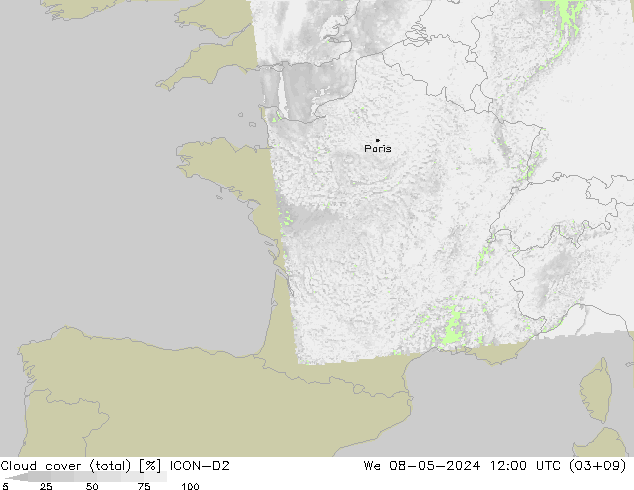 Nuages (total) ICON-D2 mer 08.05.2024 12 UTC