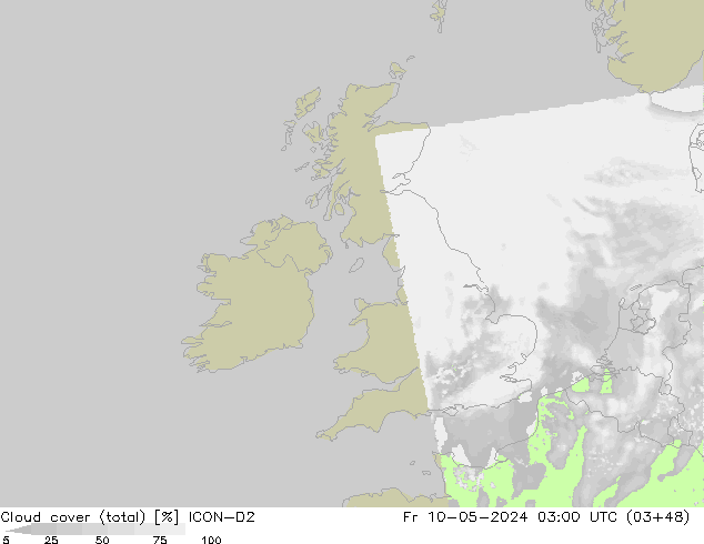 Cloud cover (total) ICON-D2 Fr 10.05.2024 03 UTC