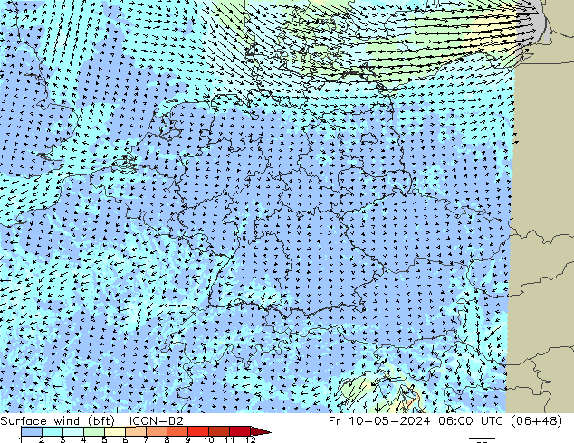 Surface wind (bft) ICON-D2 Fr 10.05.2024 06 UTC