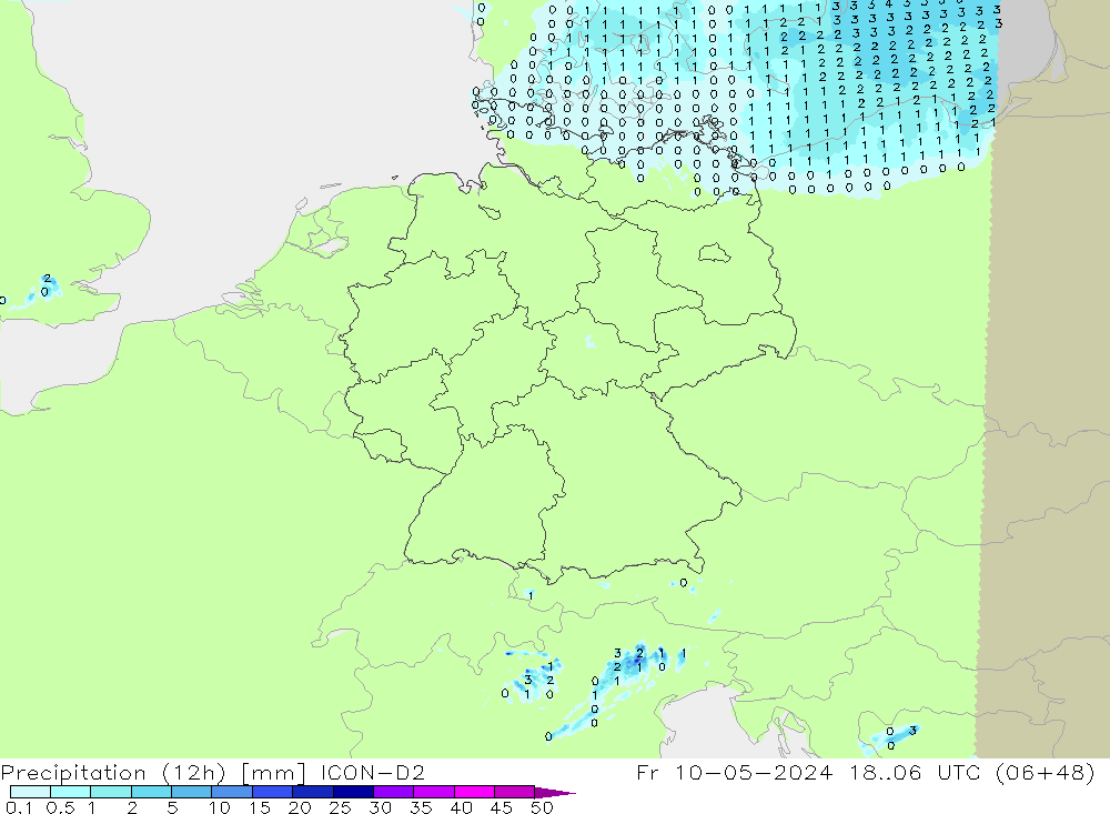 Precipitation (12h) ICON-D2 Fr 10.05.2024 06 UTC
