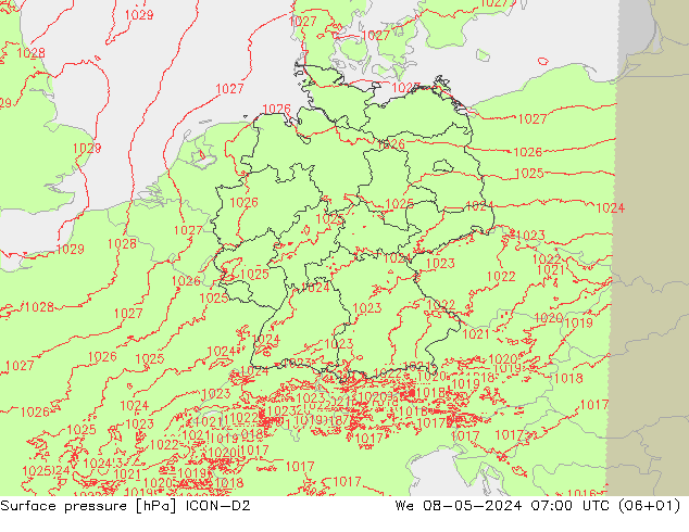 地面气压 ICON-D2 星期三 08.05.2024 07 UTC