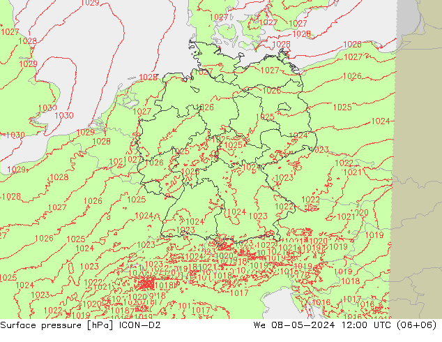 地面气压 ICON-D2 星期三 08.05.2024 12 UTC
