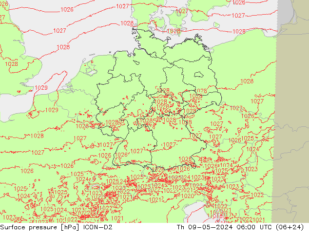 地面气压 ICON-D2 星期四 09.05.2024 06 UTC