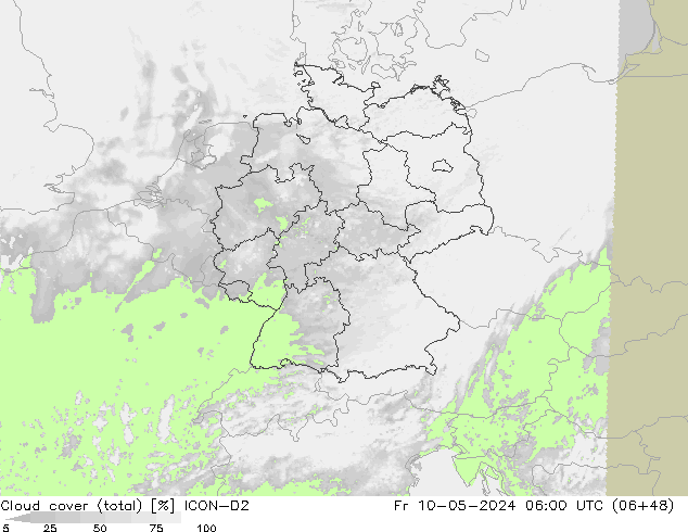 Cloud cover (total) ICON-D2 Fr 10.05.2024 06 UTC