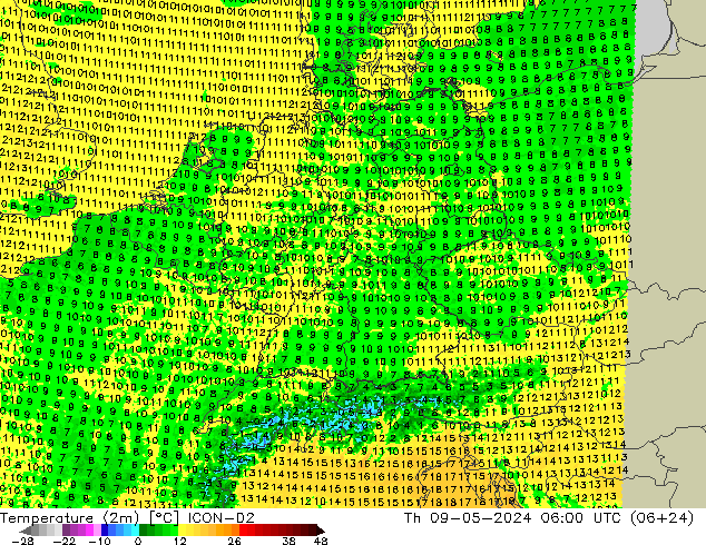 карта температуры ICON-D2 чт 09.05.2024 06 UTC