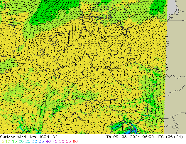 风 10 米 ICON-D2 星期四 09.05.2024 06 UTC