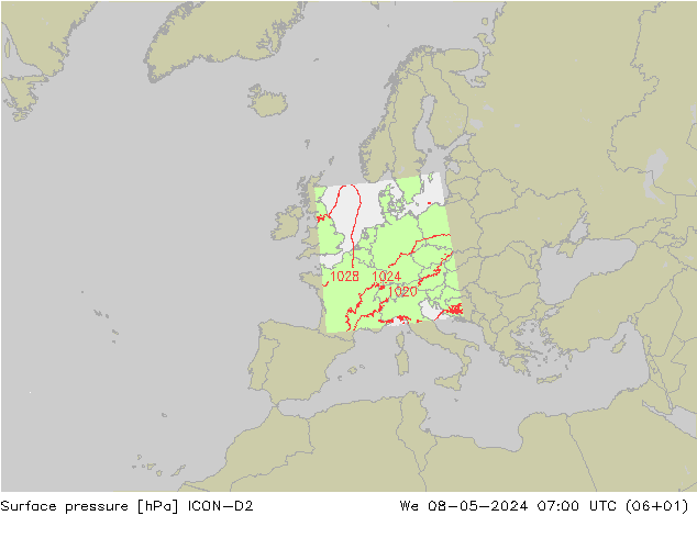 Surface pressure ICON-D2 We 08.05.2024 07 UTC