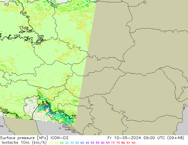 Isotachs (kph) ICON-D2 Fr 10.05.2024 09 UTC