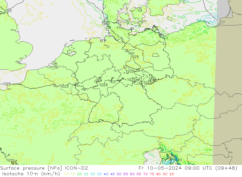 Isotaca (kph) ICON-D2 vie 10.05.2024 09 UTC