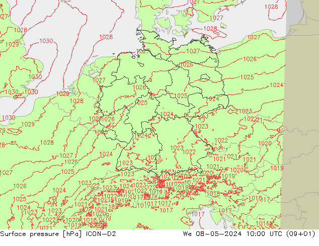 Atmosférický tlak ICON-D2 St 08.05.2024 10 UTC
