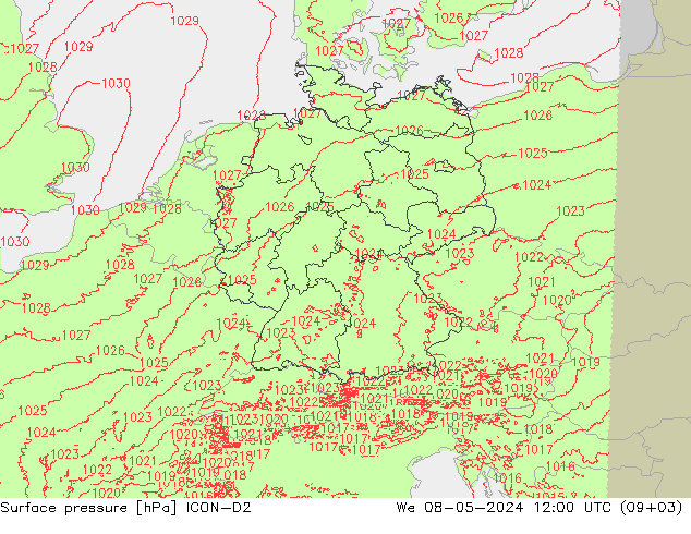 地面气压 ICON-D2 星期三 08.05.2024 12 UTC