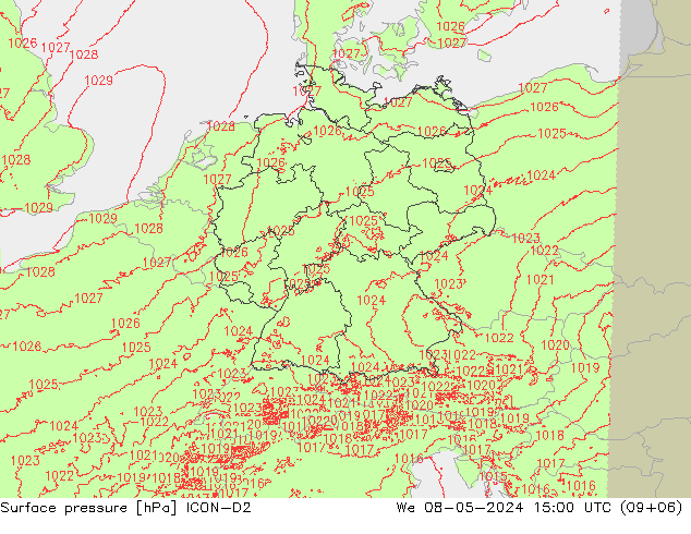 地面气压 ICON-D2 星期三 08.05.2024 15 UTC