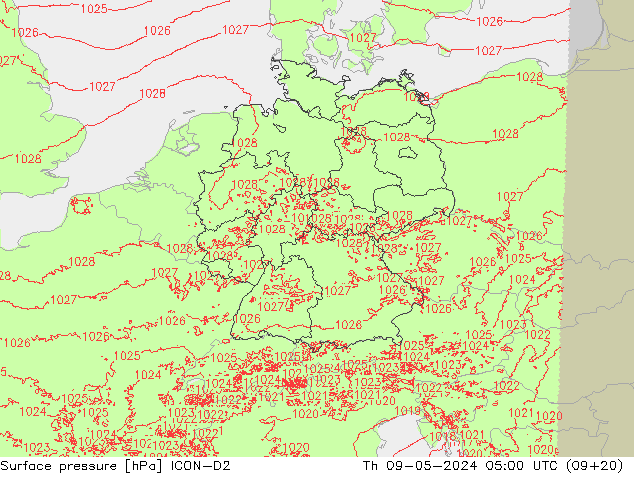 地面气压 ICON-D2 星期四 09.05.2024 05 UTC