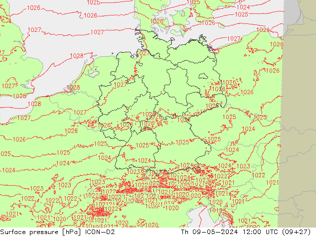 pressão do solo ICON-D2 Qui 09.05.2024 12 UTC