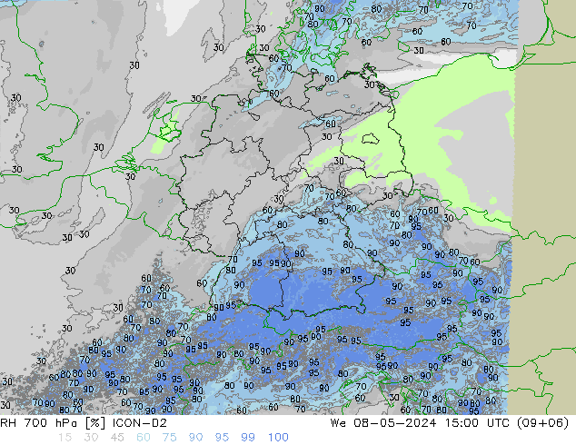 RH 700 hPa ICON-D2 星期三 08.05.2024 15 UTC